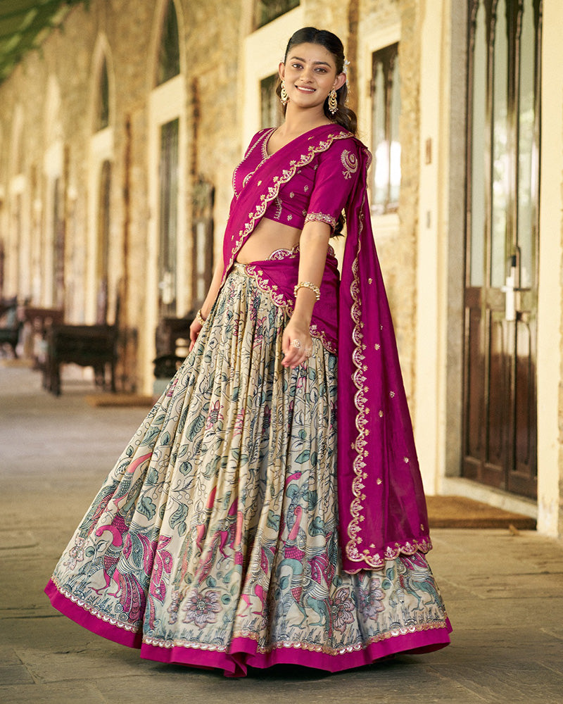 Cream Color Tussar Silk Kalamkari Printed Lehenga Choli