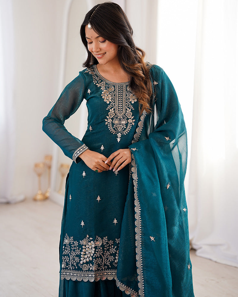 Teal Blue Color Soft Crunchy Silk Embroidered Plazzo Suit