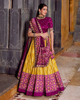 Yellow And Maroon Ikkat Printed Tasar Silk Lehenga Choli