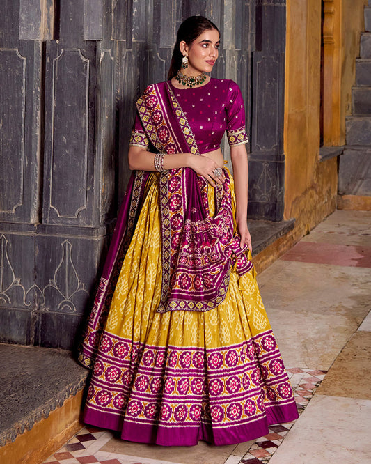 Yellow And Maroon Ikkat Printed Tasar Silk Lehenga Choli