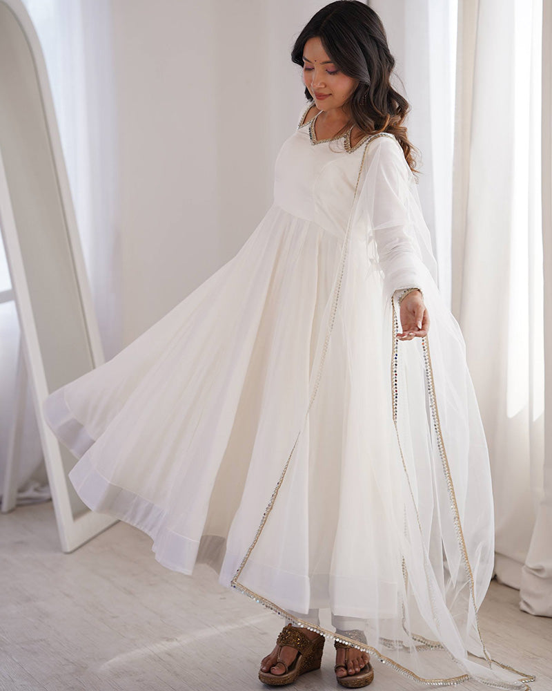 White Color Chanderi Roman Silk Three Piece Anarkali Suit