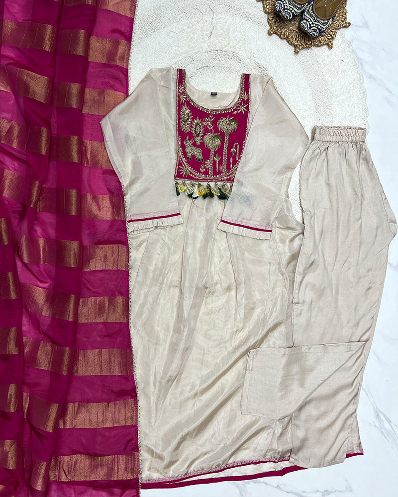 Cream Color Soft Organza Three Piece Kurti Suit