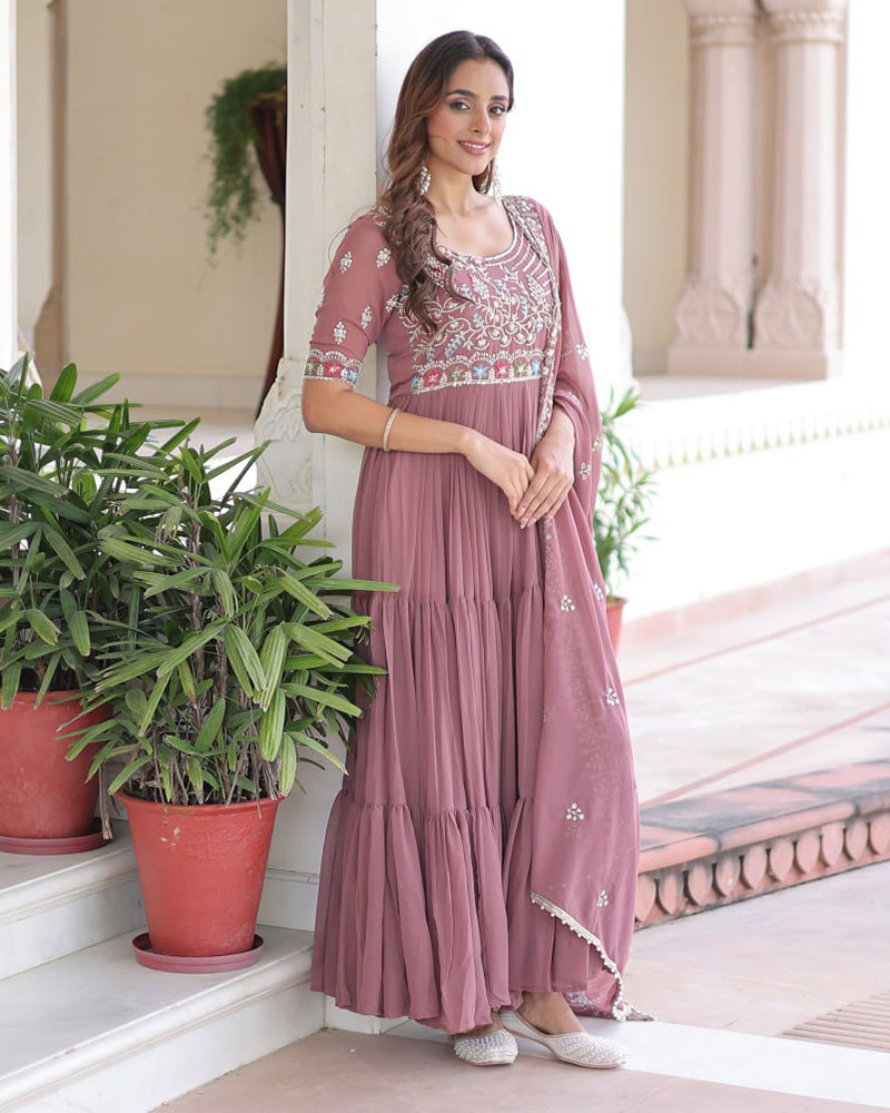 Mauve Pink Color Faux Blooming Embroidered Gown