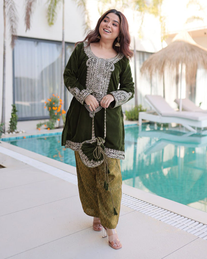 Mehndi Color Velvet Embroidered Kurti Suit
