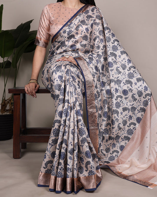 Off White Color Designer Tasar Silk Printed Saree