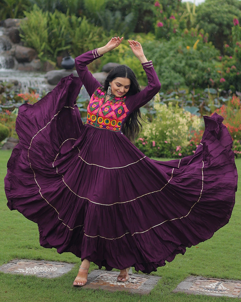 Traditional Wine Kutchi Embroidered Navratri Gown