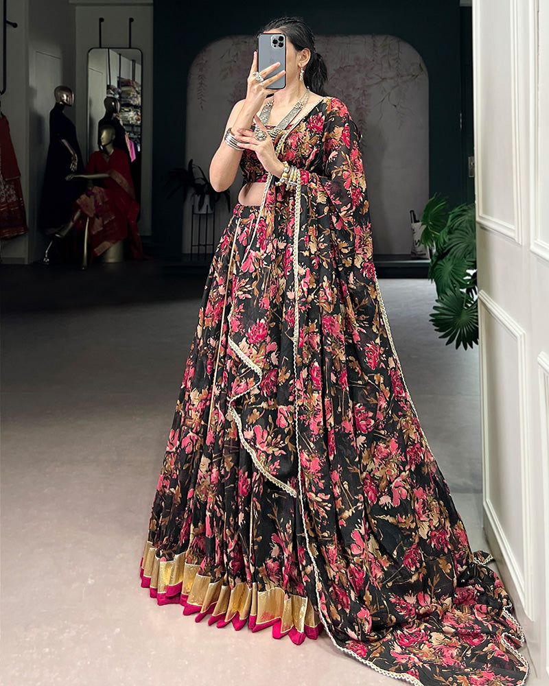 Black Color Chiffon Printed Lehenga Choli