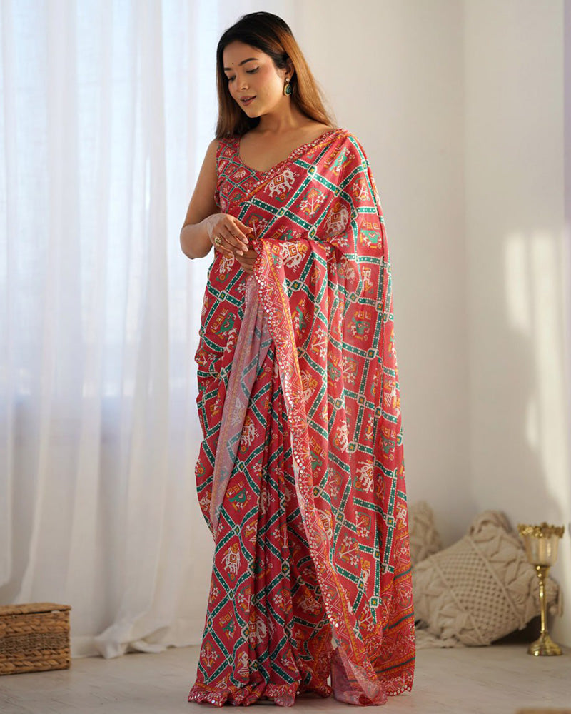 Tomato Color Chinnon Silk Saree