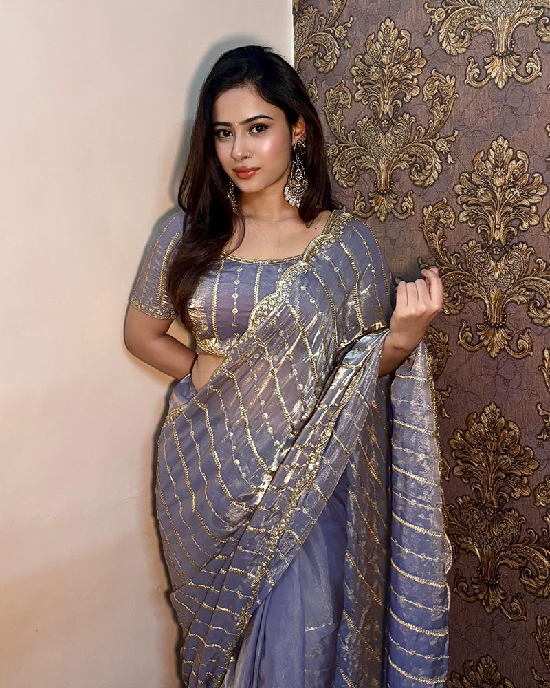 Dusty Blue Color Soft Space Silk Saree