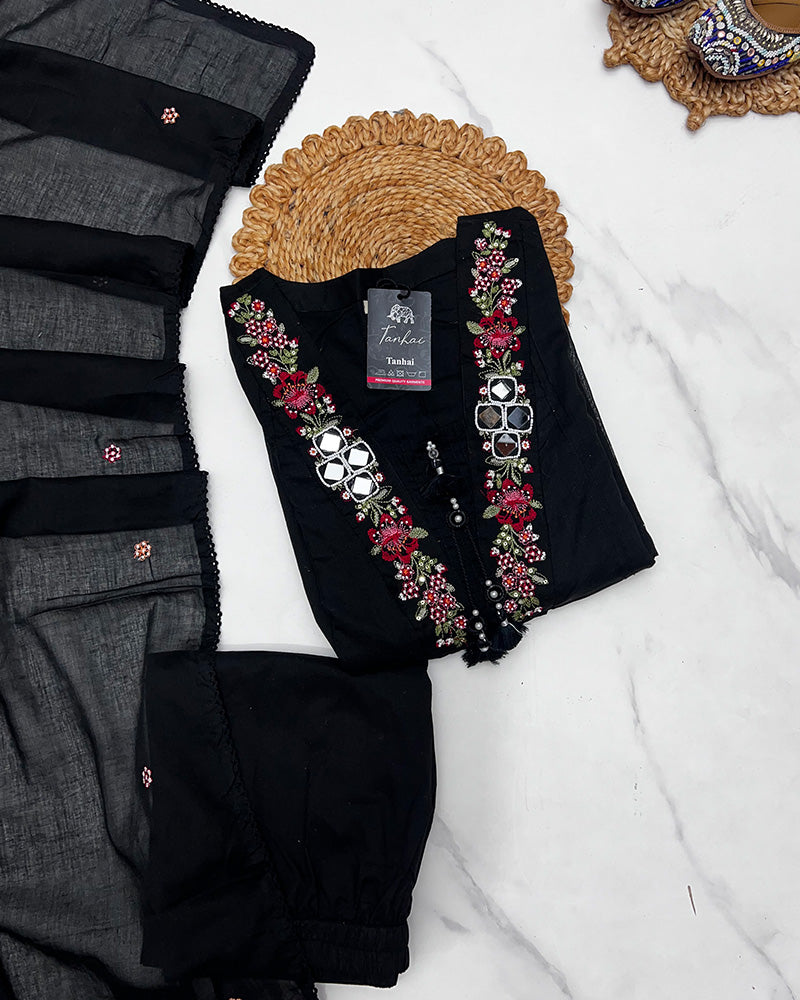 Black Color Mal Cotton Three Piece Kurti Suit