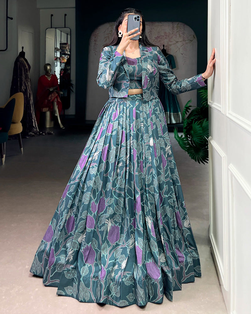 Teal Blue Color Tasar Silk Printed Lehenga Choli With Koti