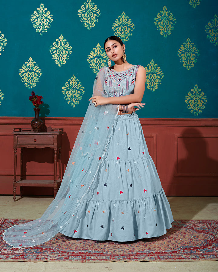 Sky Blue Color Thread Embroidered Cotton Semi Stitched Lehenga Choli