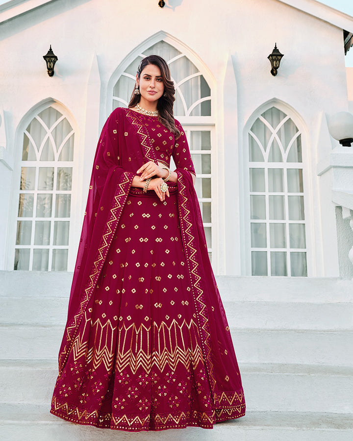 Deep Pink Color Sequence Embroidered Georgette Semi Stitched Lehenga Choli