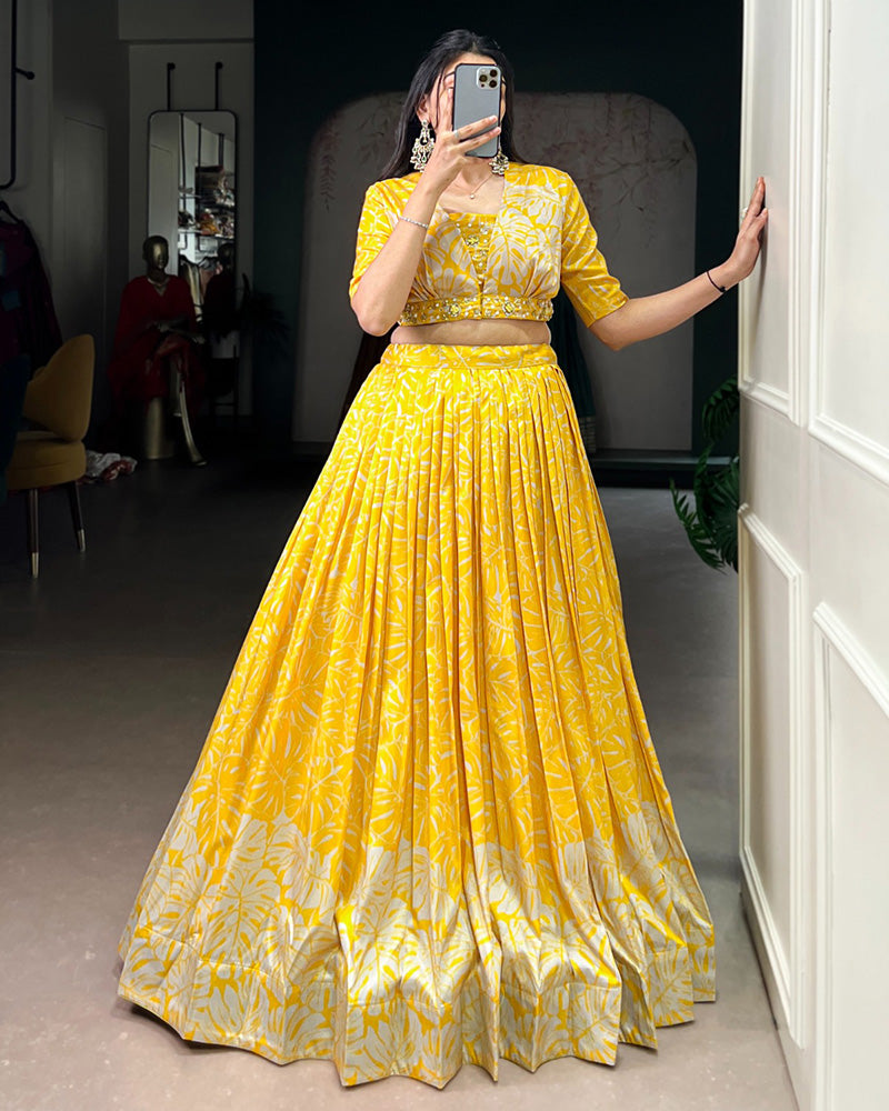 Yellow Color Tasar Silk Laheriya Printed Lehenga Choli