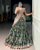 Green Color Tussar Silk Kalamkari Printed Lehenga Choli