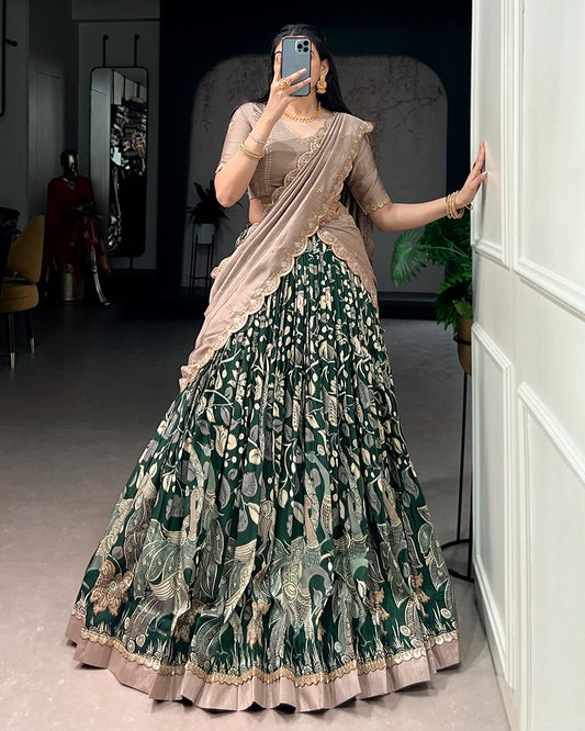 Green Color Tussar Silk Kalamkari Printed Lehenga Choli
