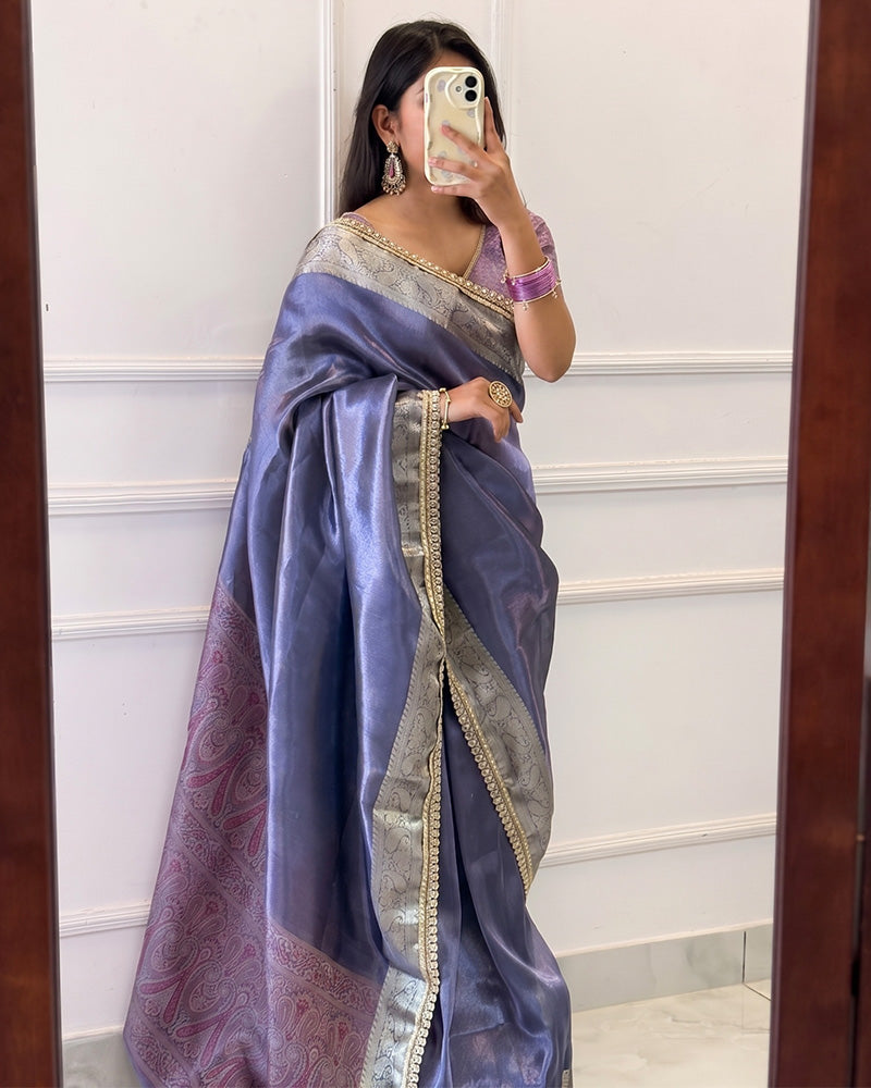 Dusty Blue Color Banarasi Tissue Silk Saree