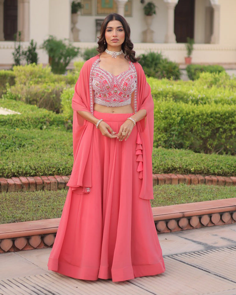 Peach Color Faux Georgette Embroidered Lehenga Choli