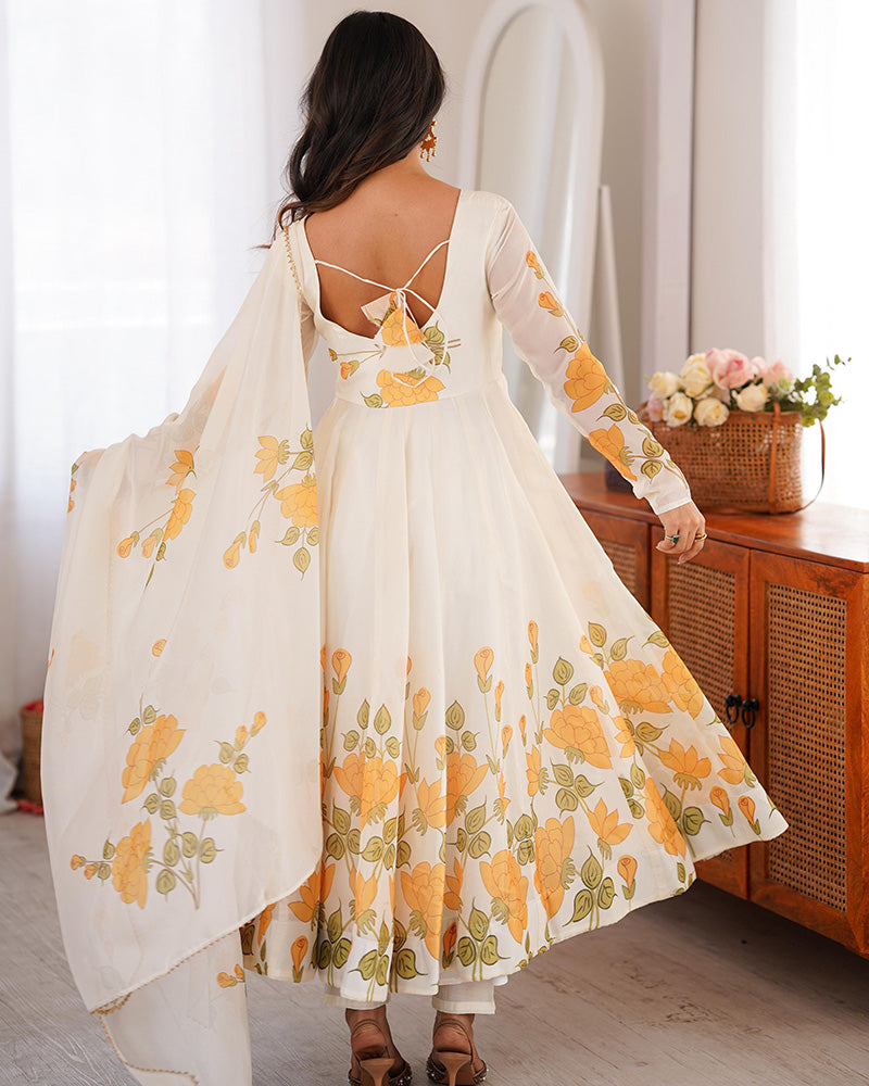 Creamish White Color Floral Print Organza Three Piece Anarkali Suit