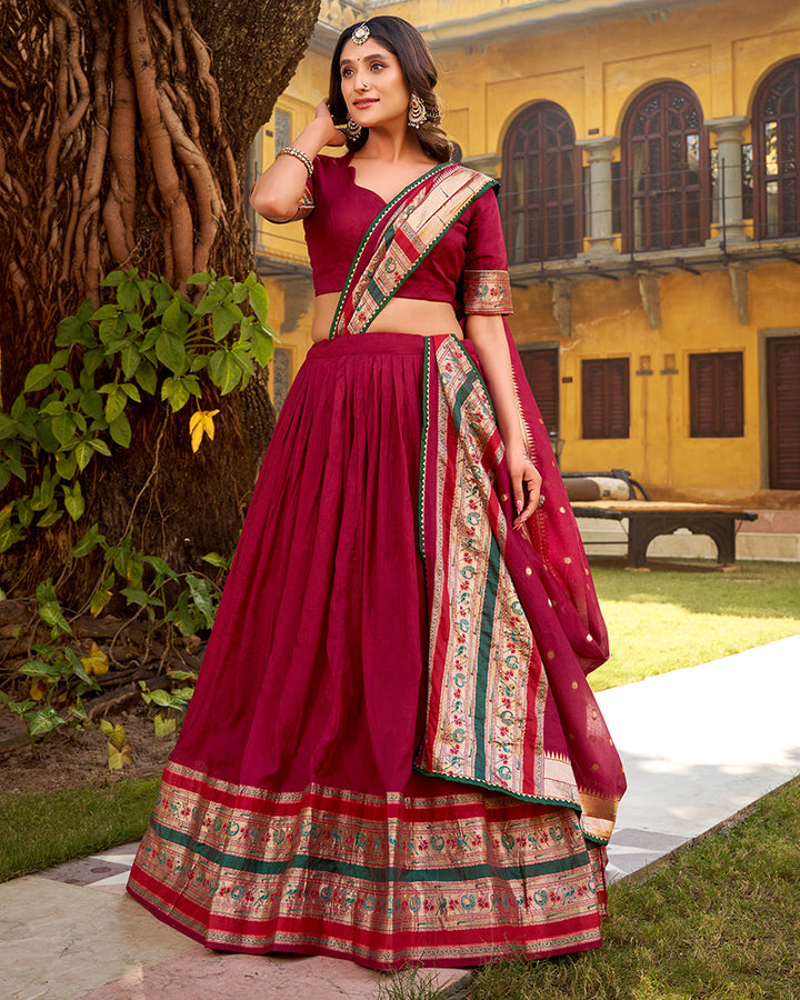 Maroon Color Pure Nylon Chanderi Plain Half Saree