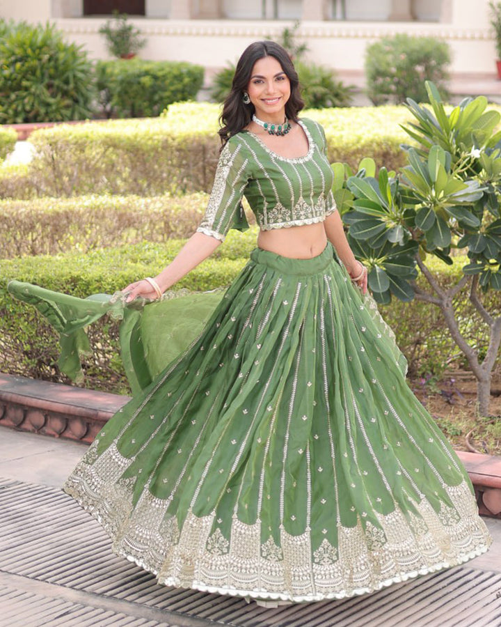 Mehndi Green Color Gold Crush Embroidered Lehenga Choli