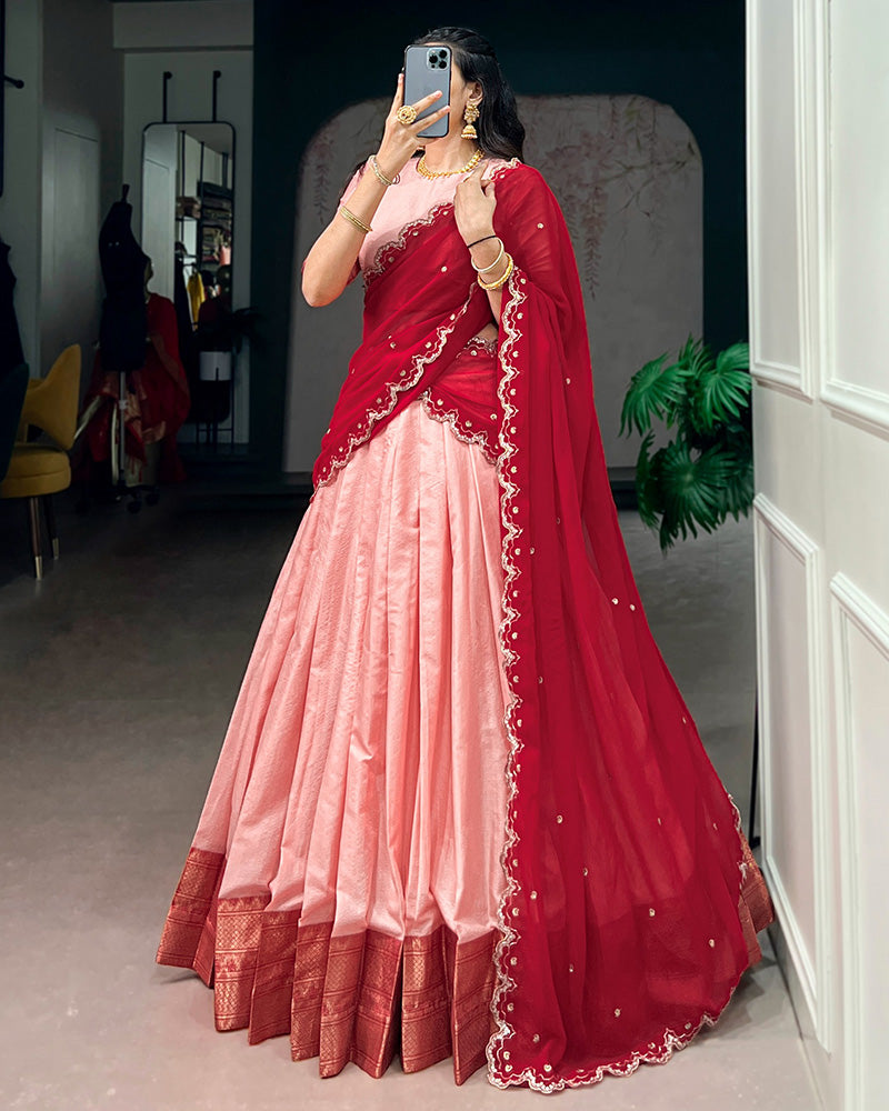 Peach Color Cotton Silk Designer Half Saree