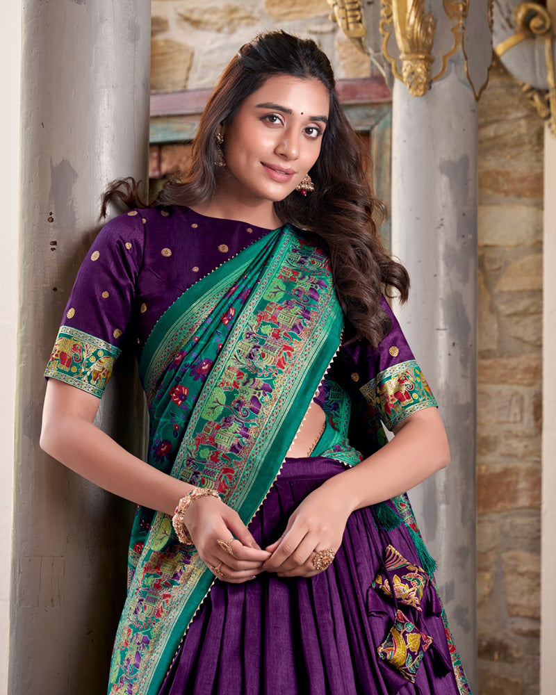 Purple Color Tussar Silk Printed With Foil Work Half Saree