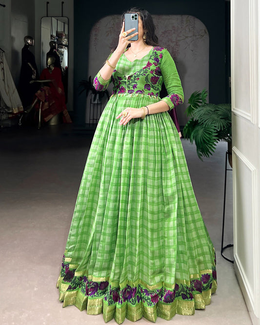 Parrot Green Color Viscose Chanderi Printed Gown