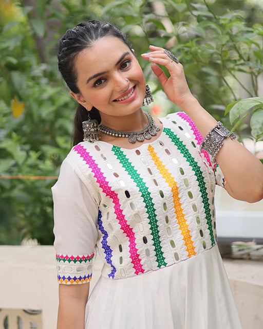 White  Color Roman Silk Multi Threaded Work Navratri Gown