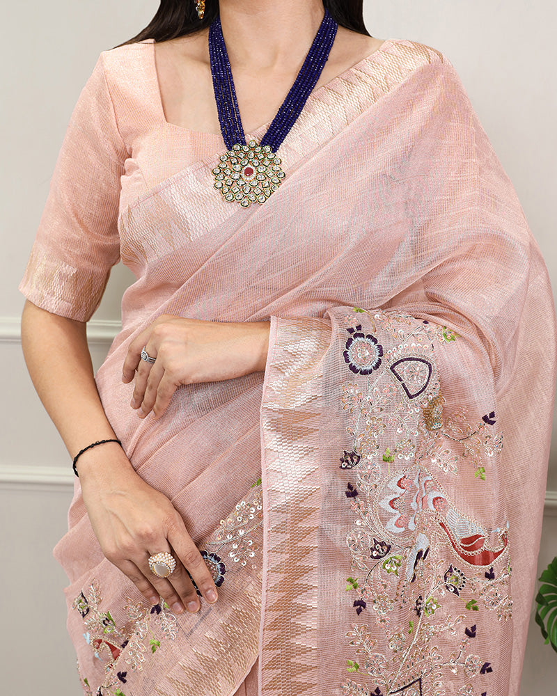 Peach Color Embroidered Kota Tissue Saree