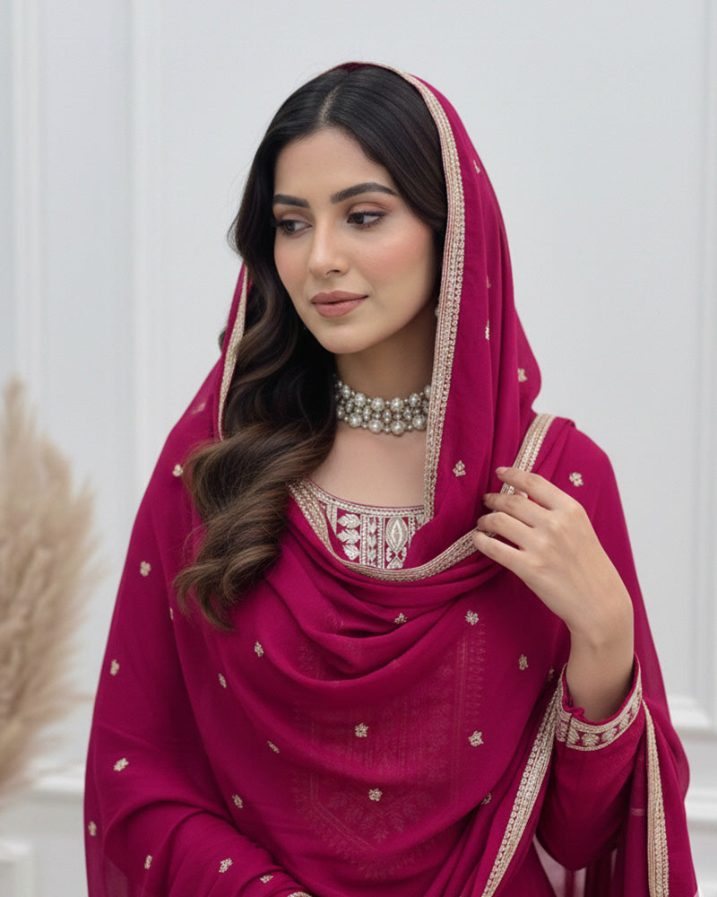 Dark Pink Vichitra Silk Sequence Embroidered Gown