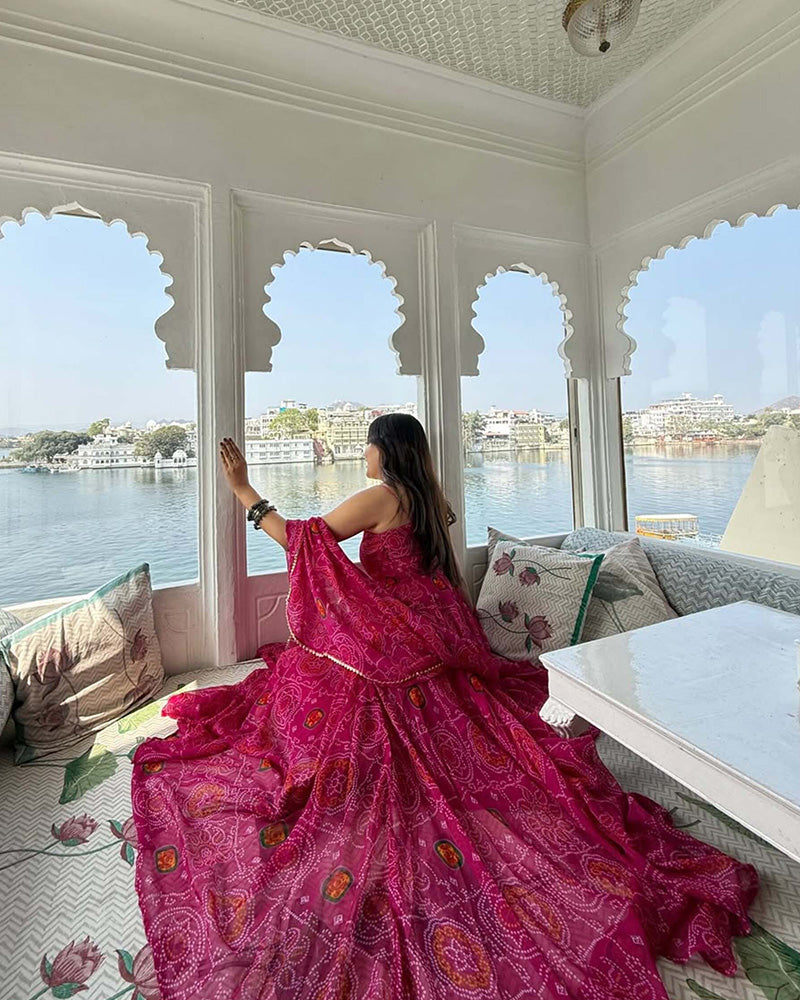 Geetika Bisht In Floral Pink Color Soft Chiffon Three Piece Anarkali Gown