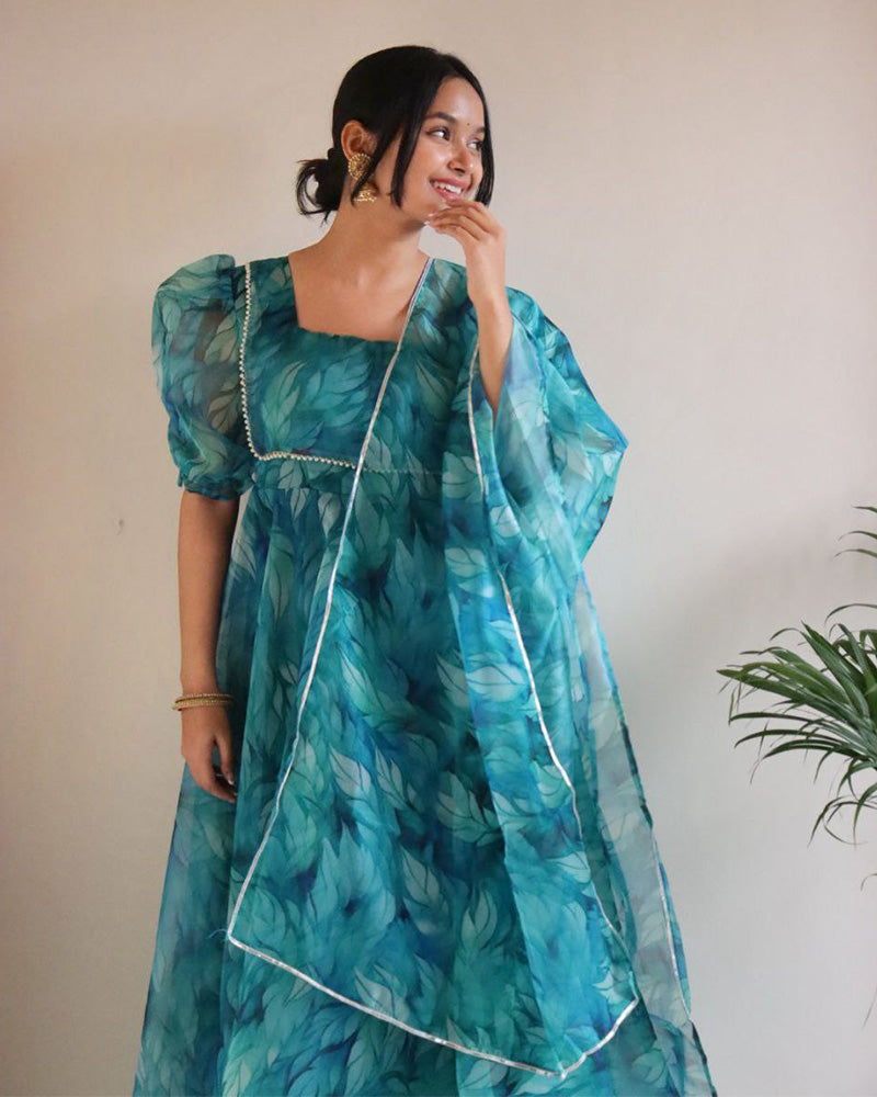 Firozi Color Printed Pure Organza Silk Anarkali Suit