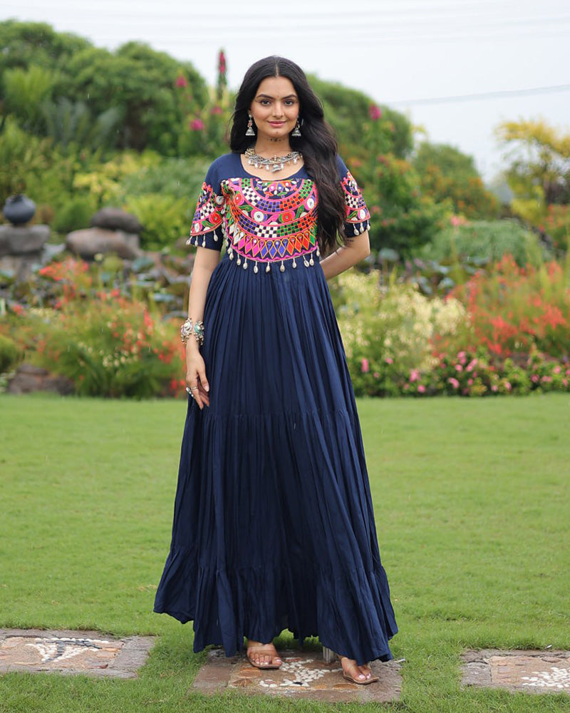 Royal Blue Color Rayon Navratri Gown