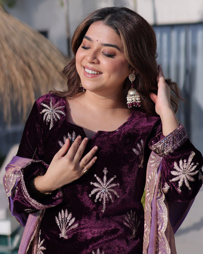 Wine Color Ice Velvet Embroidered Plazzo Suit
