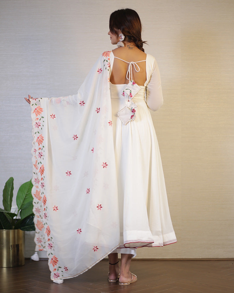 Off White Floral Soft Georgette Three Piece Anarkali Suit