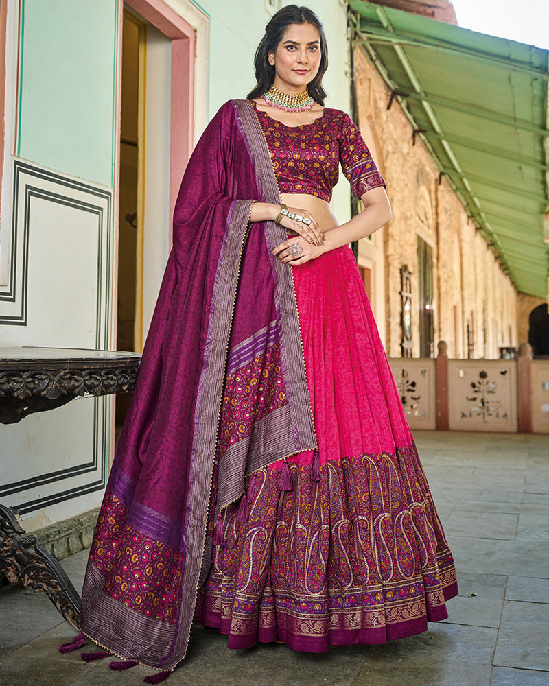 Designer Pink Color Tussar Silk Kashmiri Print Lehenga Choli