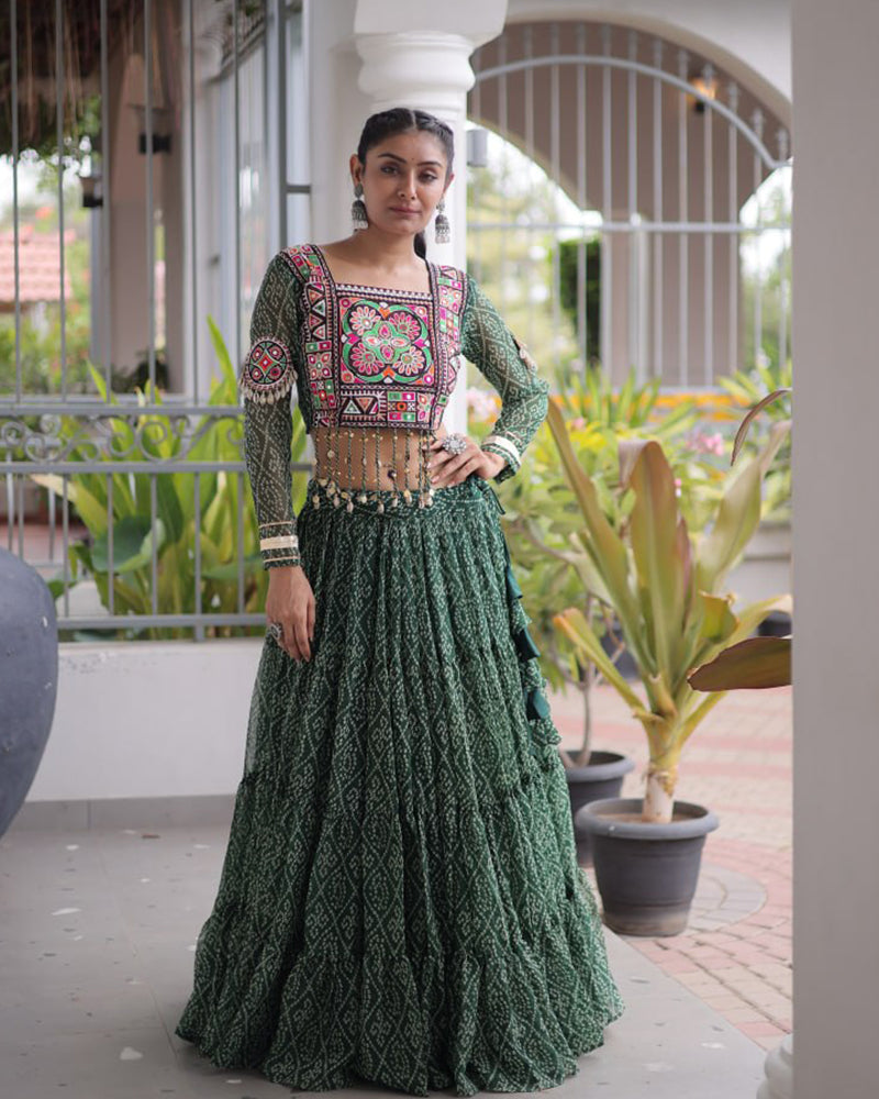 Four Color Bandhani Printed Faux Georgette Navratri Lehenga Set