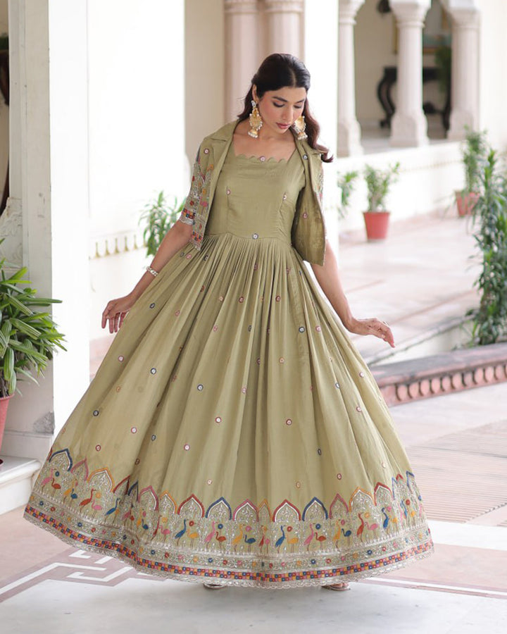 Olive Green Color Vichitra Silk Embroidered Gown