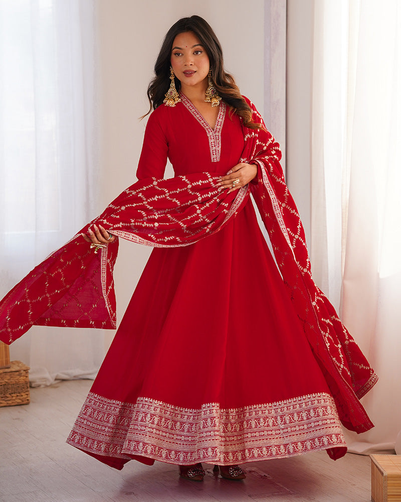 Red Color Vichitra Silk Embroidered Gown