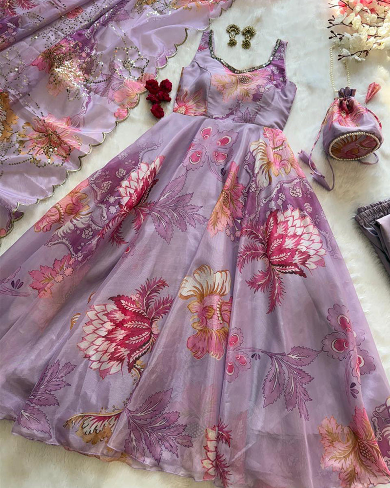 Luvender Color Digital Printed Soft Organza Anarkali Suit
