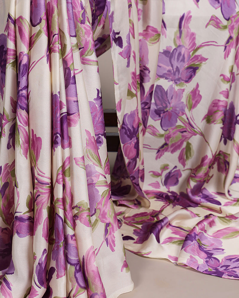 Purple Color Satin Silk Floral Printed Saree