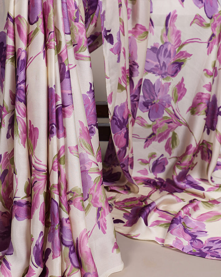 Purple Color Satin Silk Floral Printed Saree