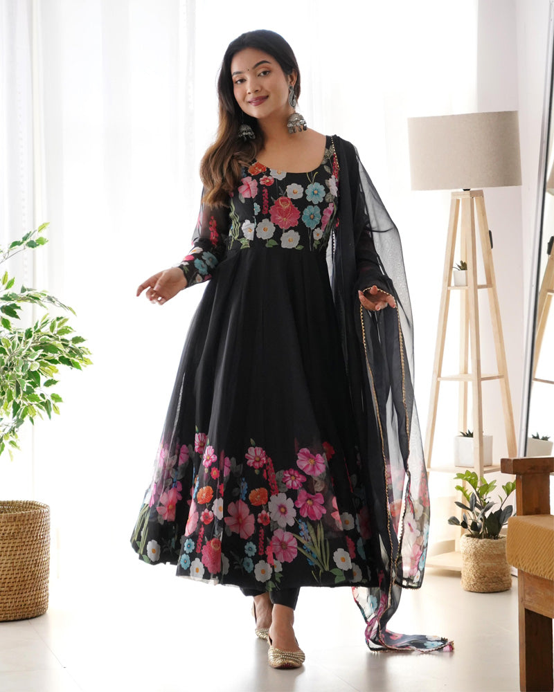 Black Floral Print Organza Three Piece Anarkali Suit