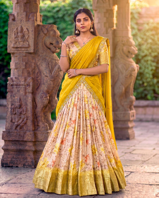 Yellow Color Dola Chex Floral Printed Half Saree