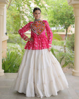 Rani Pink Color Bandhani Printed With Kora Cotton Navratri Lehenga Set