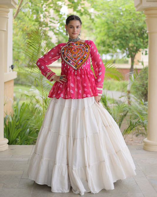 Rani Pink Color Bandhani Printed With Kora Cotton Navratri Lehenga Set