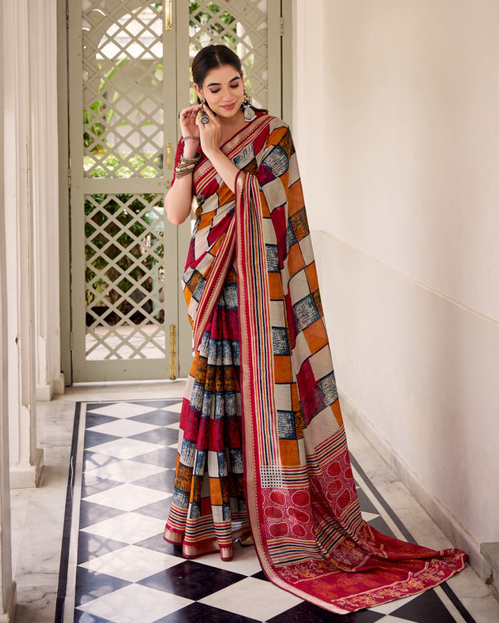 Maroon Color Polyester Chanderi Printed Saree