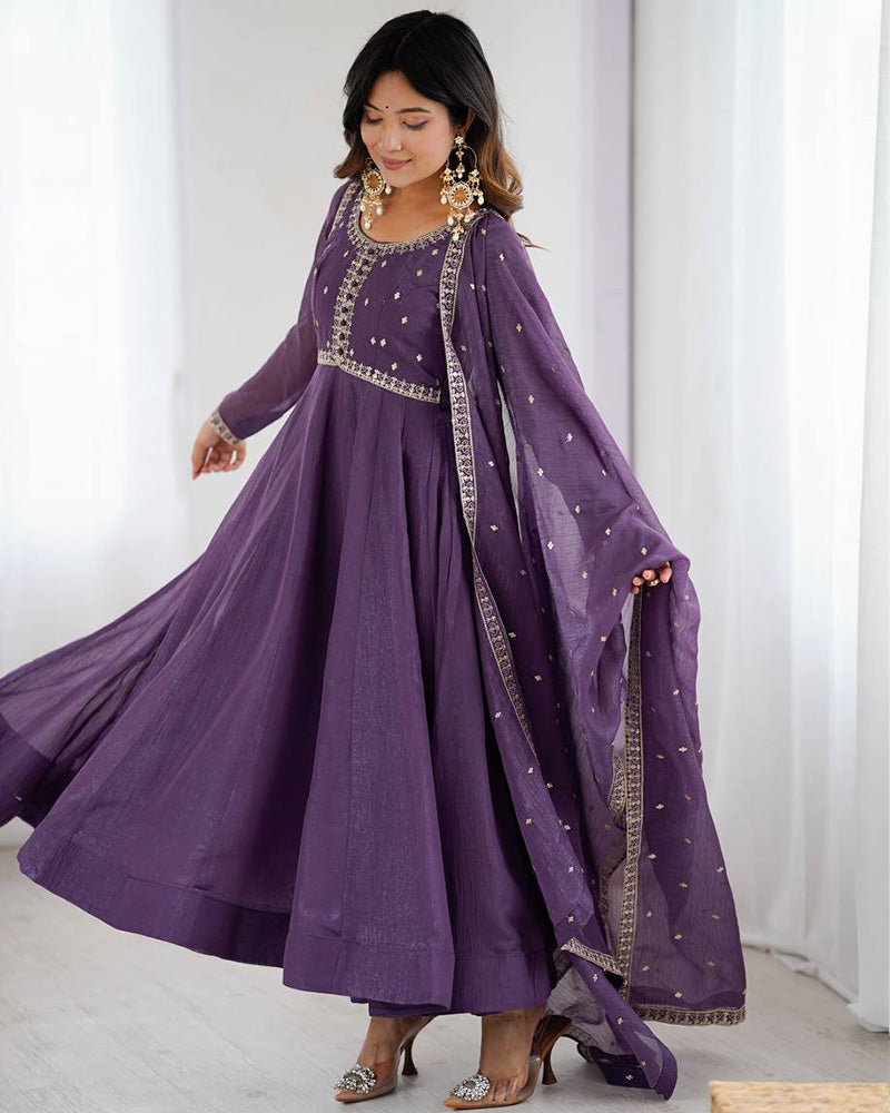 Dusty Mauve Color Crunchy Silk Three Piece Anarkali Suit