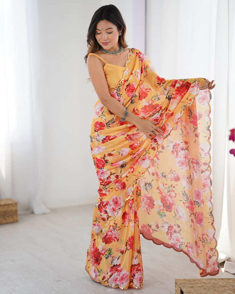 Yellow Color Chinnon Silk Mirror Work Saree